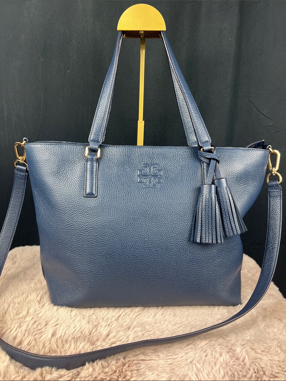 Tory Burch Blake Leather Tote Navy Blue Large Crossbody Tassel w/ COA